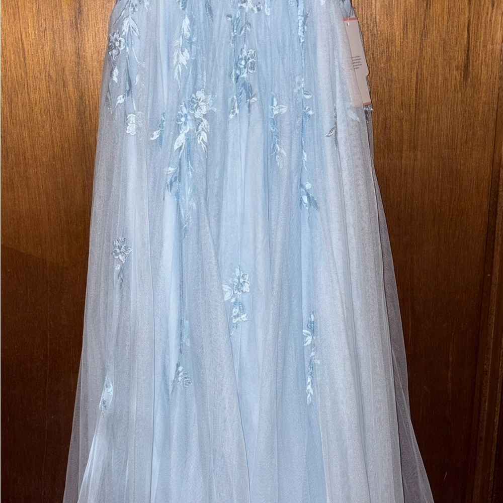 JJs House Light Blue Prom Dress with Floral Appliqué
